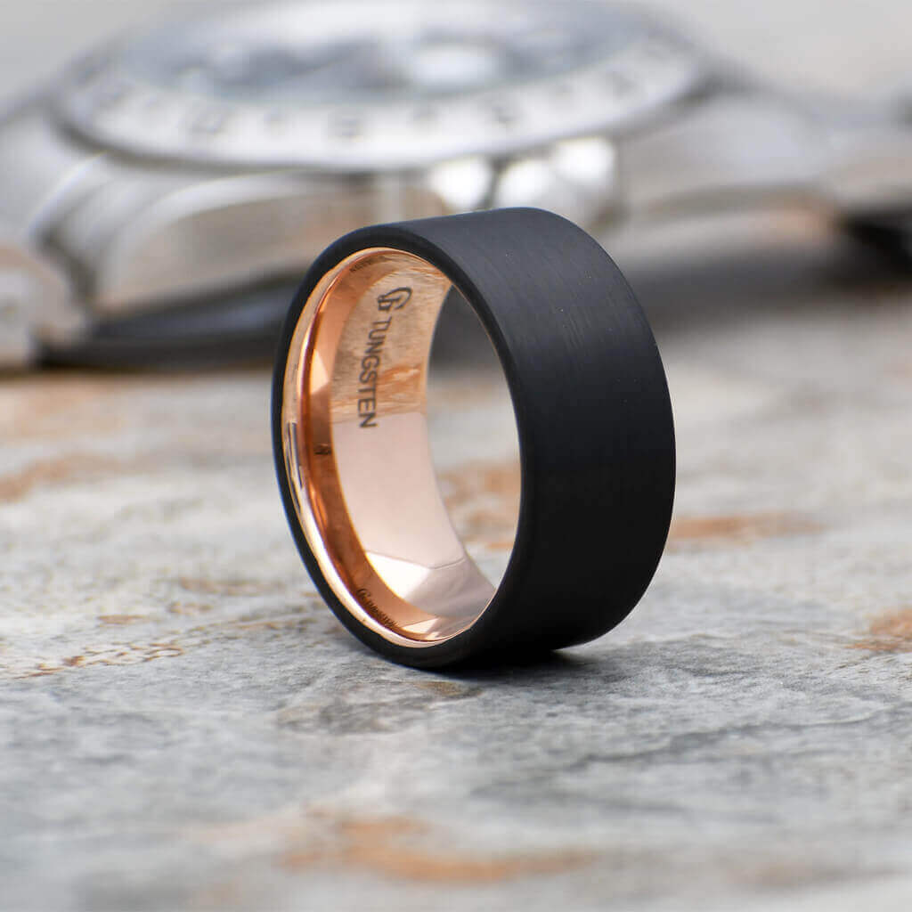 ZEELLO Ring for mens stainless steel black and rose gold plated ring for  daily wear, gift for brother,boyfriend