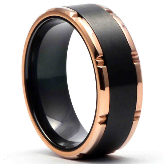 MUSK Rose Gold Men's Wedding Band in Black Zirconium - Gaboni Jewelers