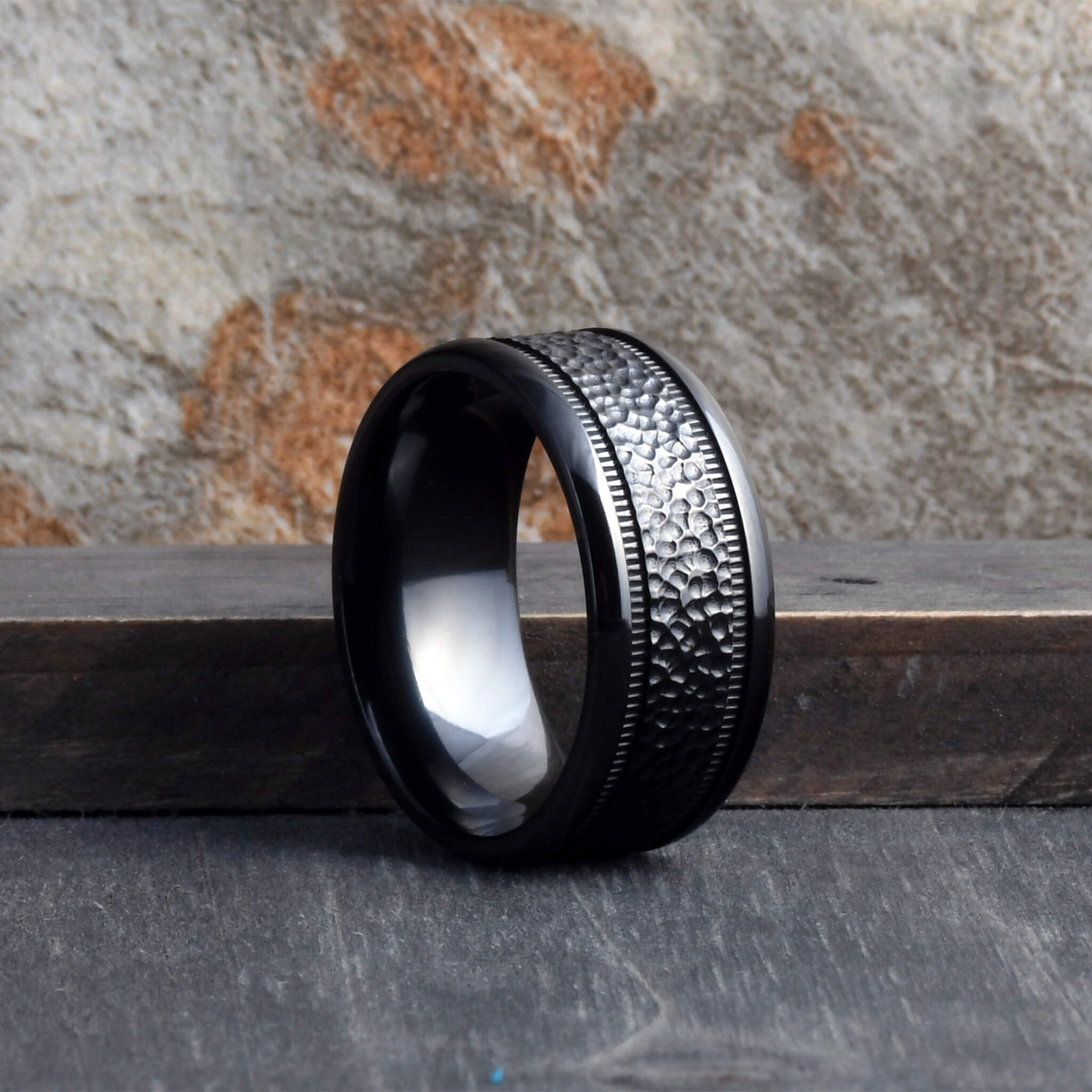 HYPOS Black Zirconium Men's Wedding Ring Hammered 10mm