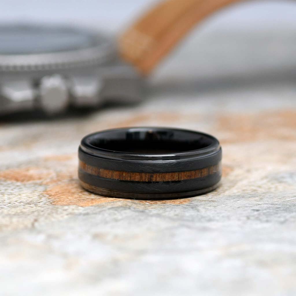  COWBOY Koa Wooden Ring Mens Wedding Band in Tungsten - Gaboni Jewelers