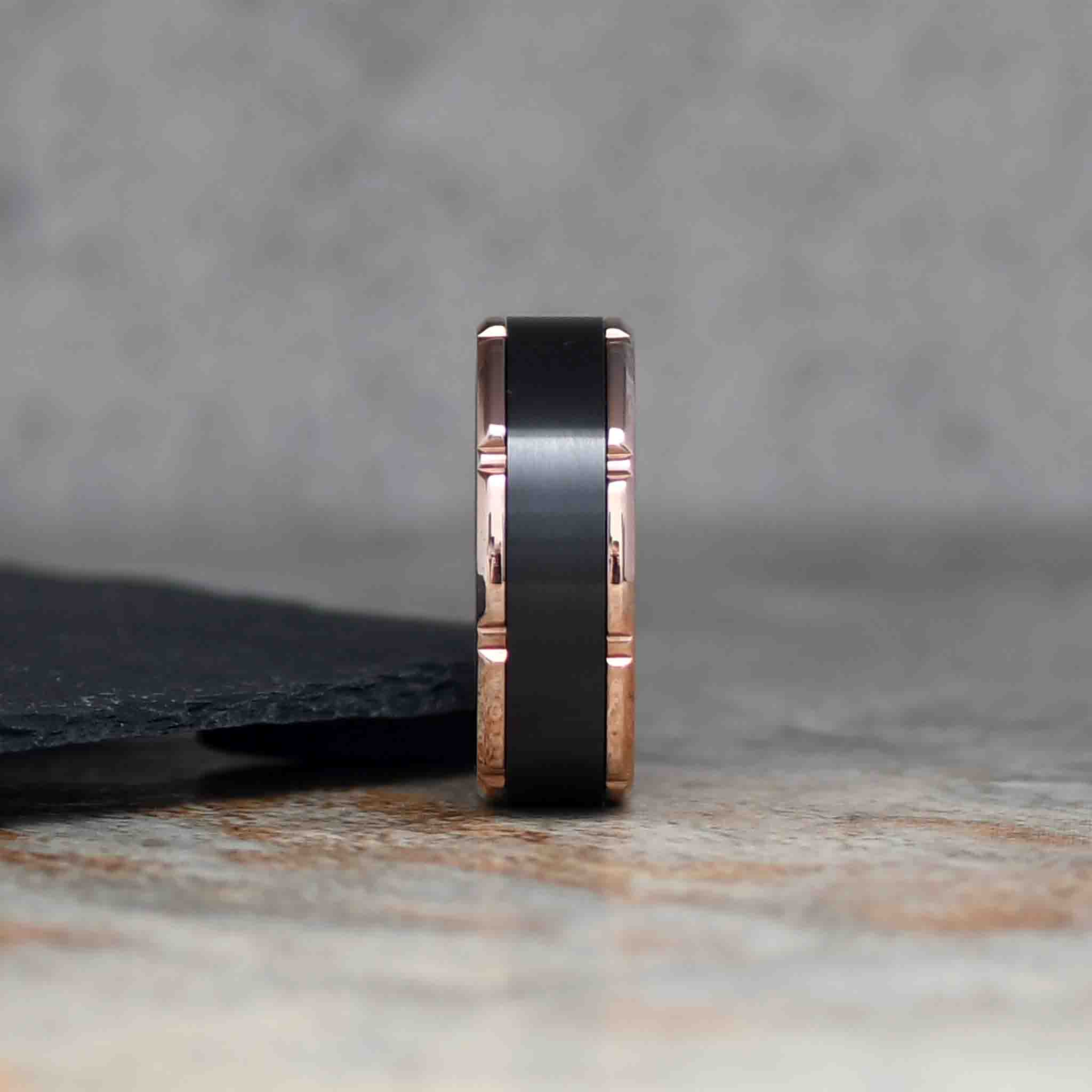 MUSK Black Zirconium Men's Wedding Ring Rose Gold - Gaboni Jewelers