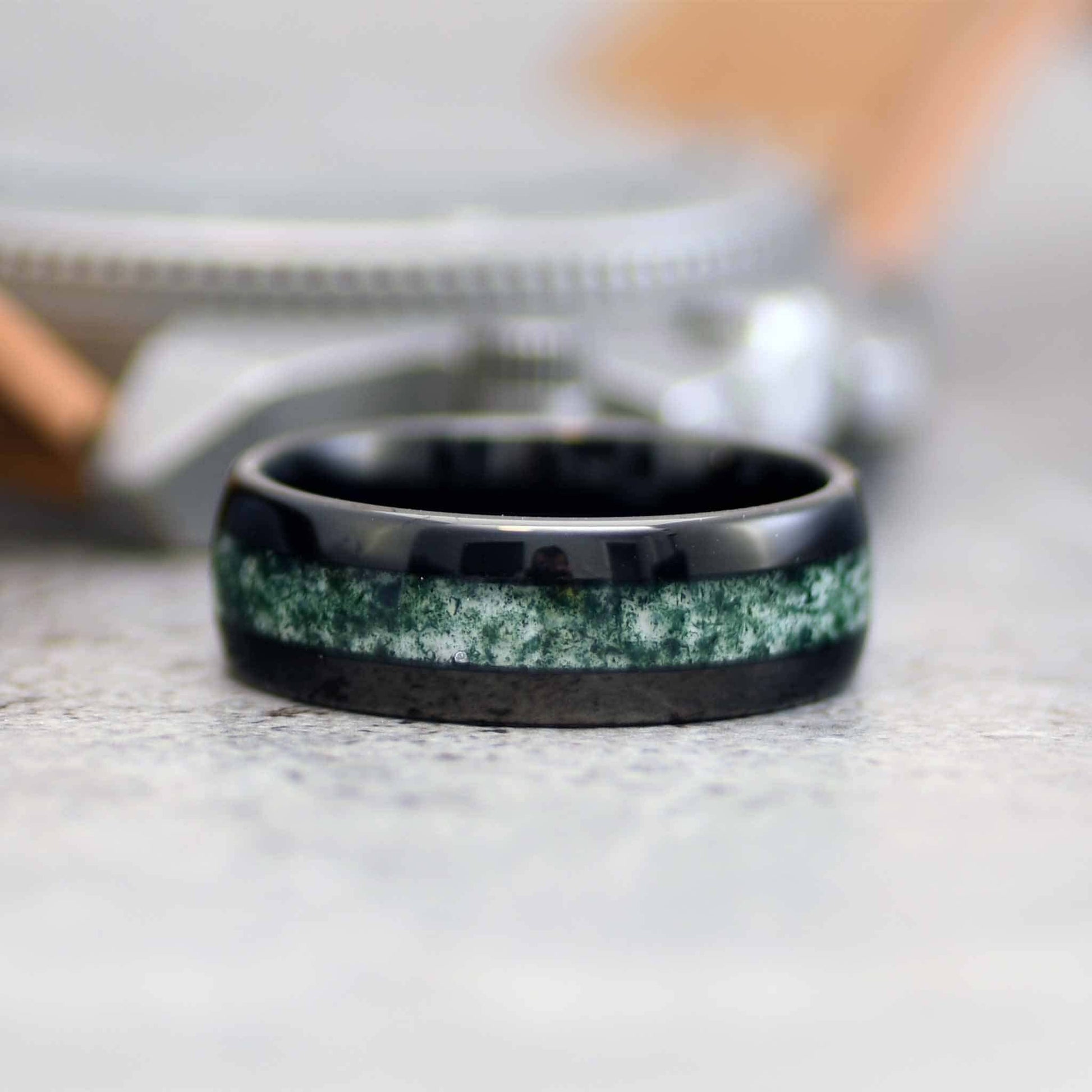 ECO Men's Moss Agate Wedding Ring Band Tungsten - Gaboni Jewelers