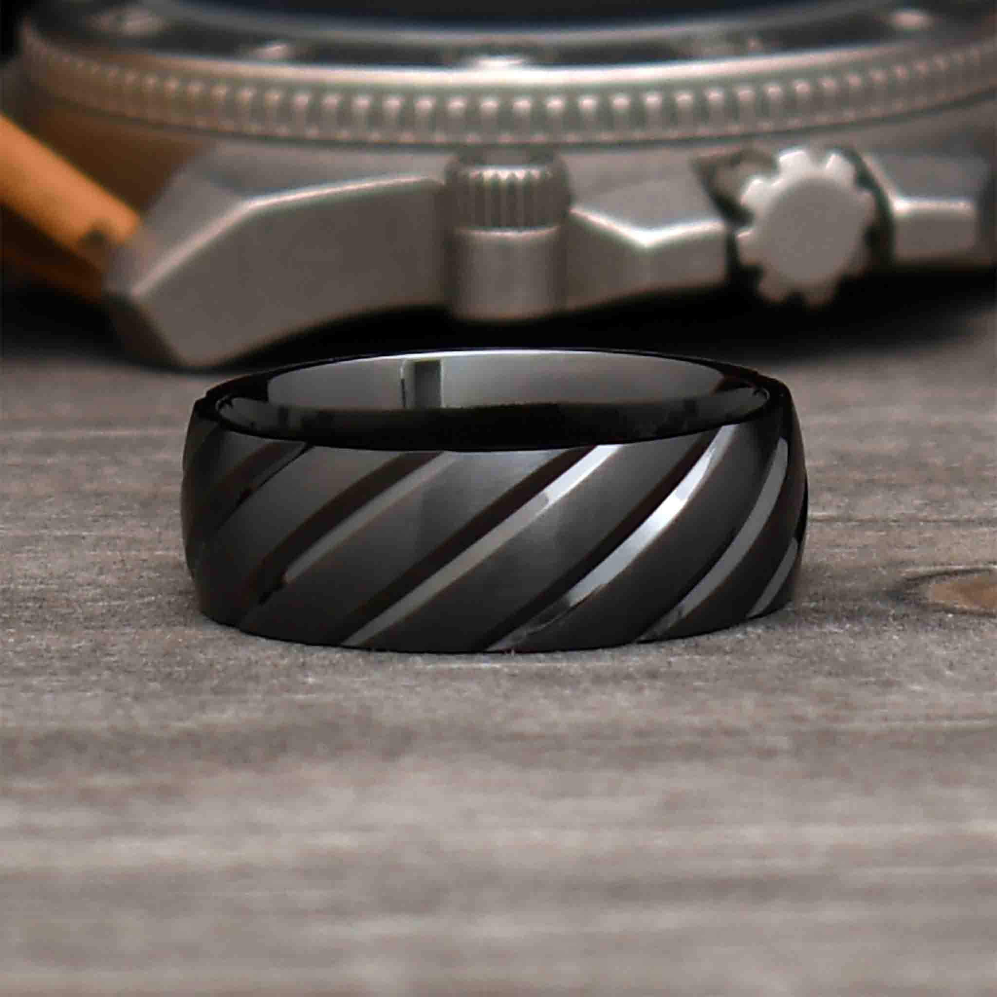 NAVAG Black Zirconium Men's Wedding Ring Diagonal Grooved Band - Gaboni Jewelers