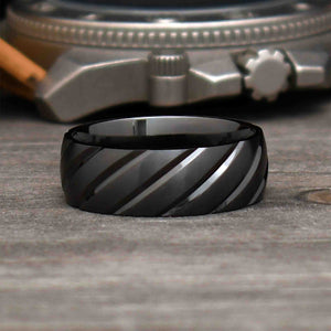 NAVAG Black Zirconium Men's Wedding Ring Diagonal Grooved Band - Gaboni Jewelers