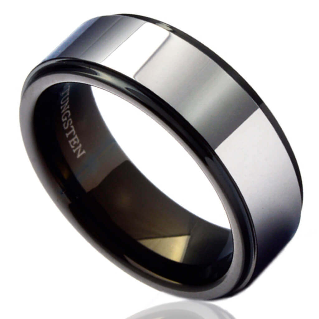 Black Men's Tungsten Wedding Band Shiny Top Steps BATTI - Gaboni Jewelers