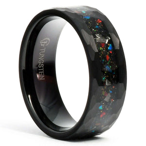  ZEG Tungsten Carbide Ring Black w/ Galaxy Opal - Hammered - Gaboni Jewelers