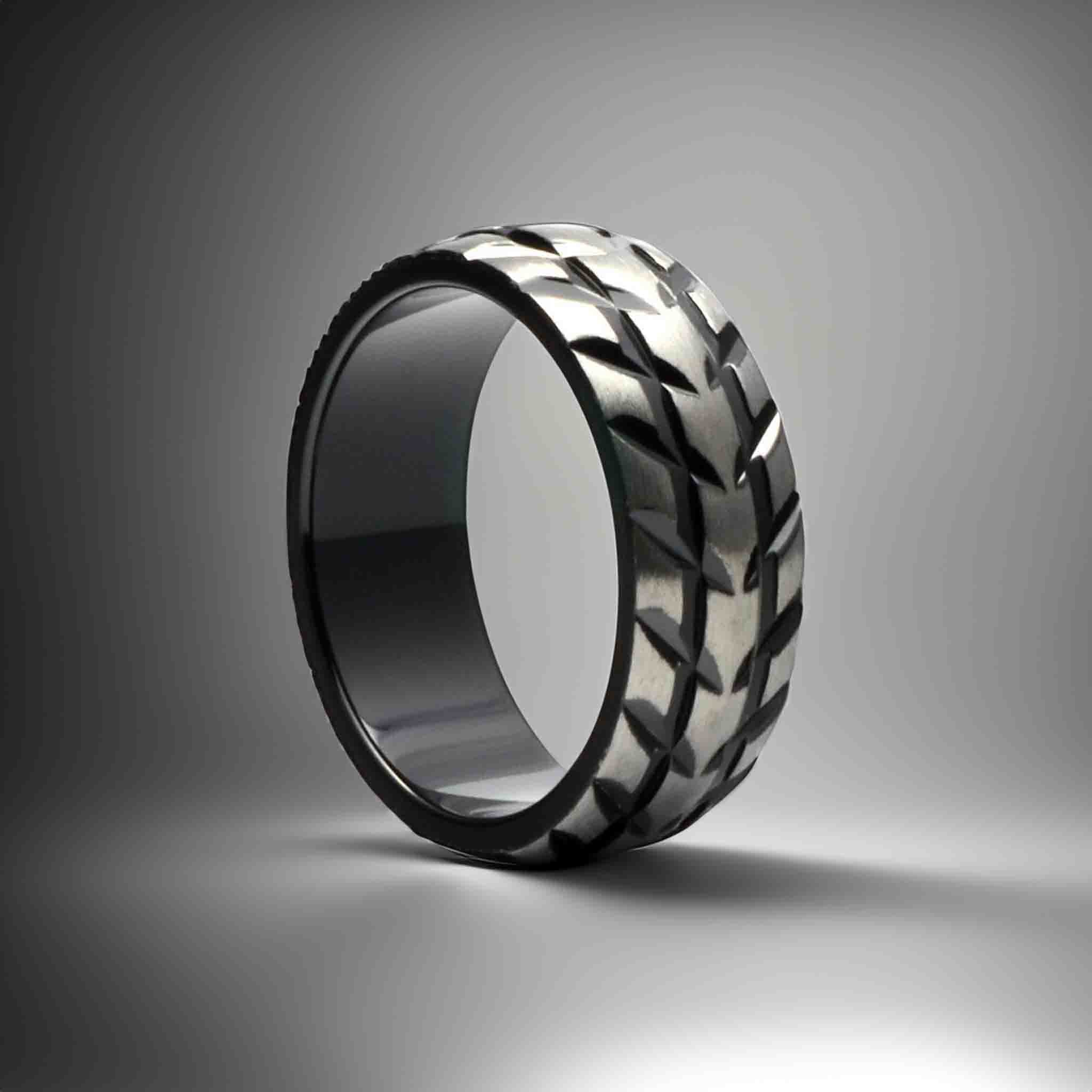 Aprilomat Black Zirconium Mens Wedding Band Tire Tread Gunmetal - Gaboni Jewelers