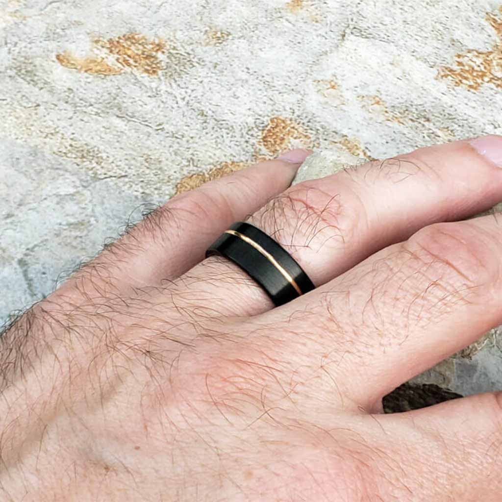 Black Tungsten Wedding Band Offset Rose Gold Stripe - Gaboni Jewelers -PASTEUR