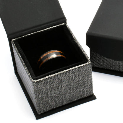 Box Black Men's Tungsten Wedding Band Whiskey Barrel Wood - Gaboni Jewelers - JOHNNIE