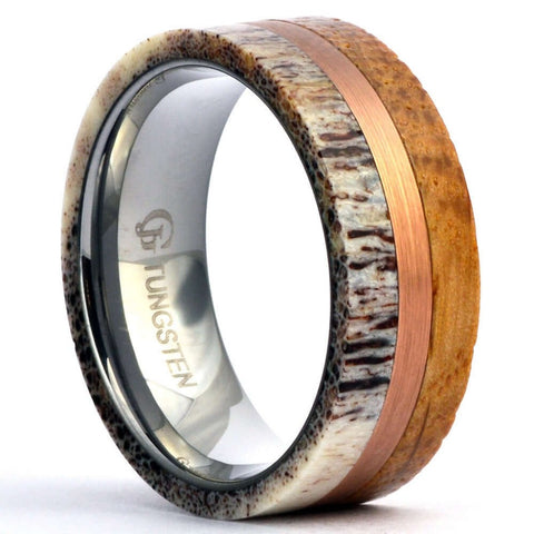 Three Keys Jewelry 8mm 6mm Black Ceramic Wedding Ring with Antler Koa Wood Inlay Flat Wedding Band Ceramic Rings for Men Women