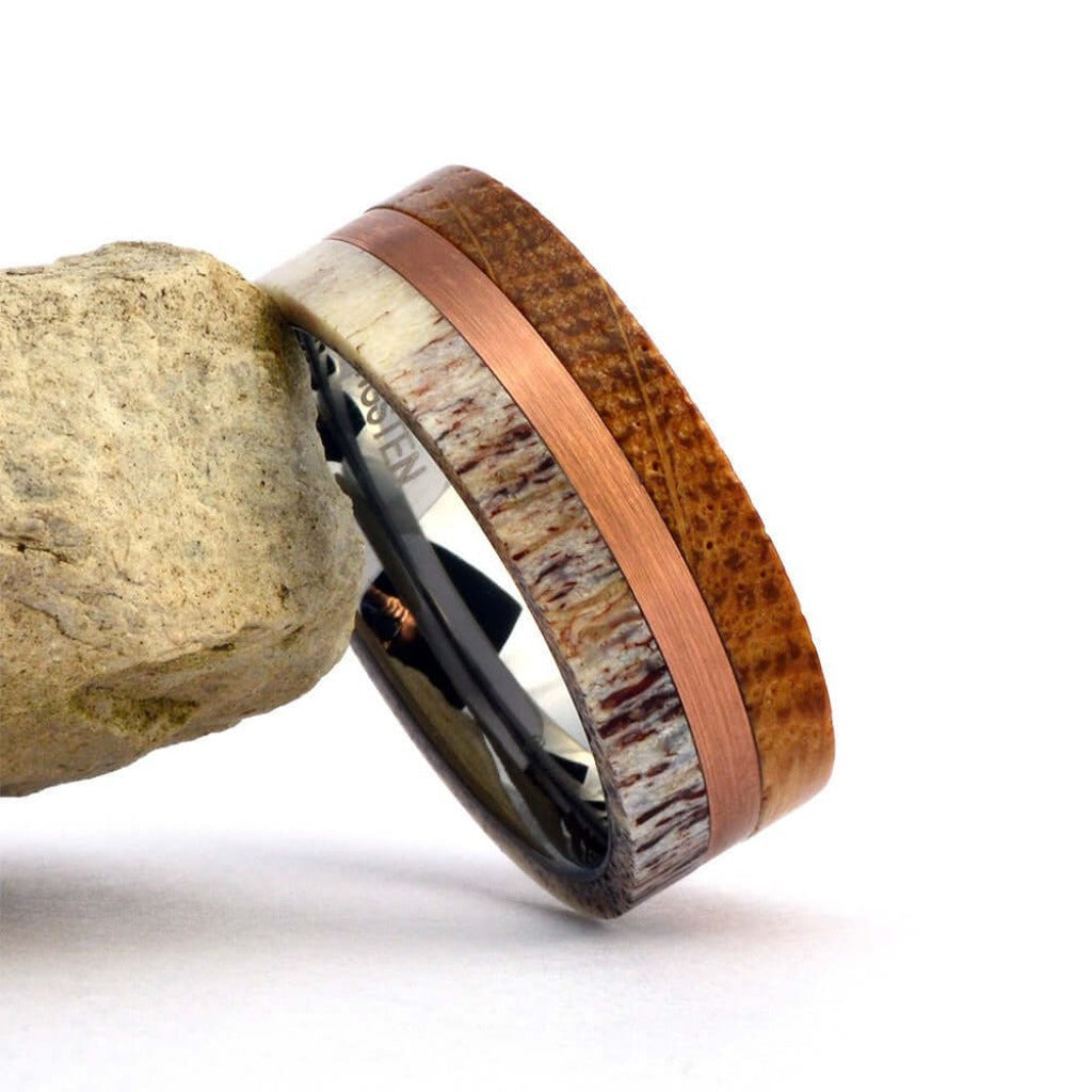 HUNTER Antler Men's Wedding Band Whiskey Barrel Ring B- Gaboni Jewelers