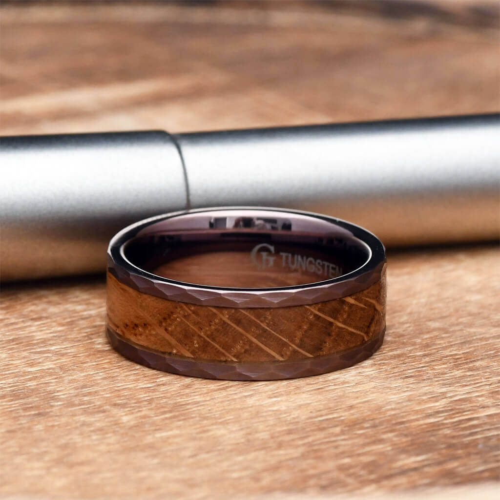 JIMMY Whiskey Barrel Mens Wedding Band Brown Wooden Ring for Men - Gaboni Jewelers