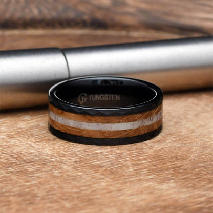  JAMES Black Men's Ring w/ Whiskey Barrel Wood & Antler in Tungsten - Gaboni Jewelers