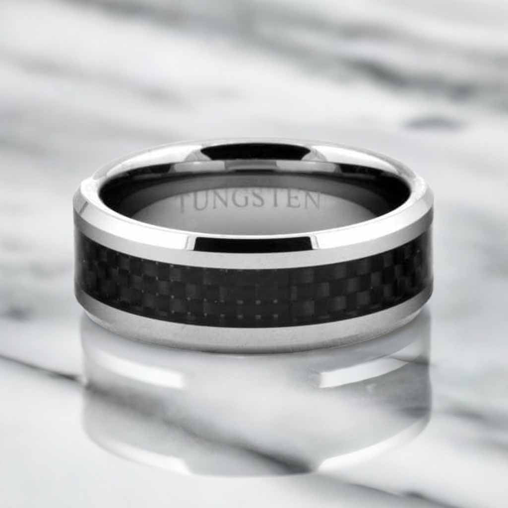 AMAN Tungsten Black Carbon Fiber Inlay Ring - Gaboni Jewelers