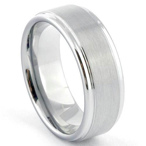 ARES Brushed White Tungsten Wedding Band Polished Step Edges - Gaboni Jewelers