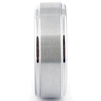 ARES Brushed White Tungsten Wedding Band Polished Step Edges - Gaboni Jewelers