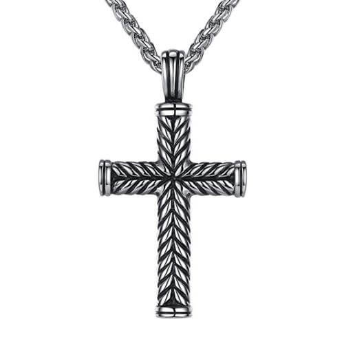 Wood Cross Stainless Steel Men's Necklace Pendant 24 Chain