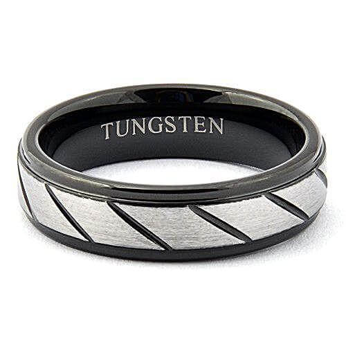 HADES 6mm Black Tungsten Wedding Ring Grooved Step Edges Matte - Gaboni Jewelers