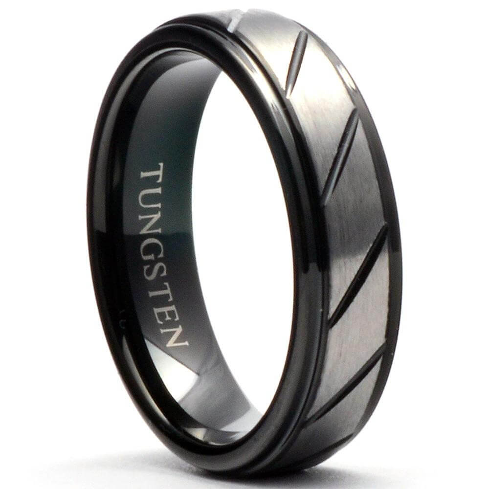 HADES 6mm Black Tungsten Wedding Ring Grooved Step Edges Matte - Gaboni Jewelers