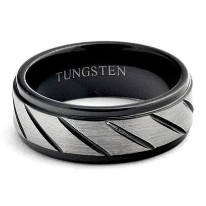 HADES Black Tungsten Ring Brushed Diagonal-Grooves Step Edges - Gaboni Jewelers