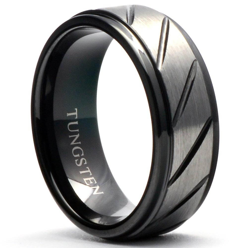 HADES Black Tungsten Ring Brushed Diagonal-Grooves Step Edges - Gaboni Jewelers