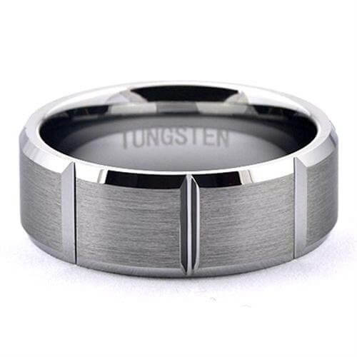 ROTEG Mens Tungsten Ring Brushed Wedding Band Shiny 90 Degrees Grooves - Gaboni Jewelers