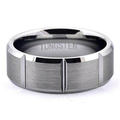 ROTEG Mens Tungsten Ring Brushed Wedding Band Shiny 90 Degrees Grooves - Gaboni Jewelers