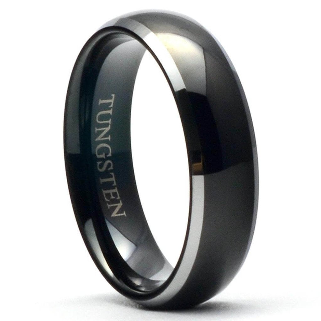 SIMO Black Tungsten Carbide Wedding Band Silver Beveled Edges - Gaboni Jewelers