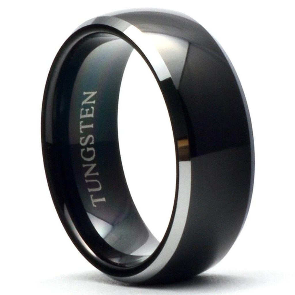 SIMO Black Tungsten Carbide Wedding Band Silver Beveled Edges - Gaboni Jewelers