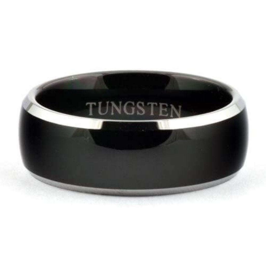 SIMO Black Tungsten Carbide Wedding Band Silver Beveled Edges - Gaboni Jewelers