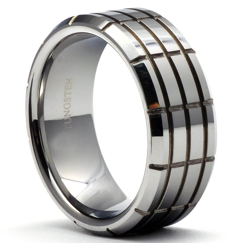 TOGER Mens Tungsten Carbide Ring Cross Grooved & Beveled Shiny - Gaboni Jewelers