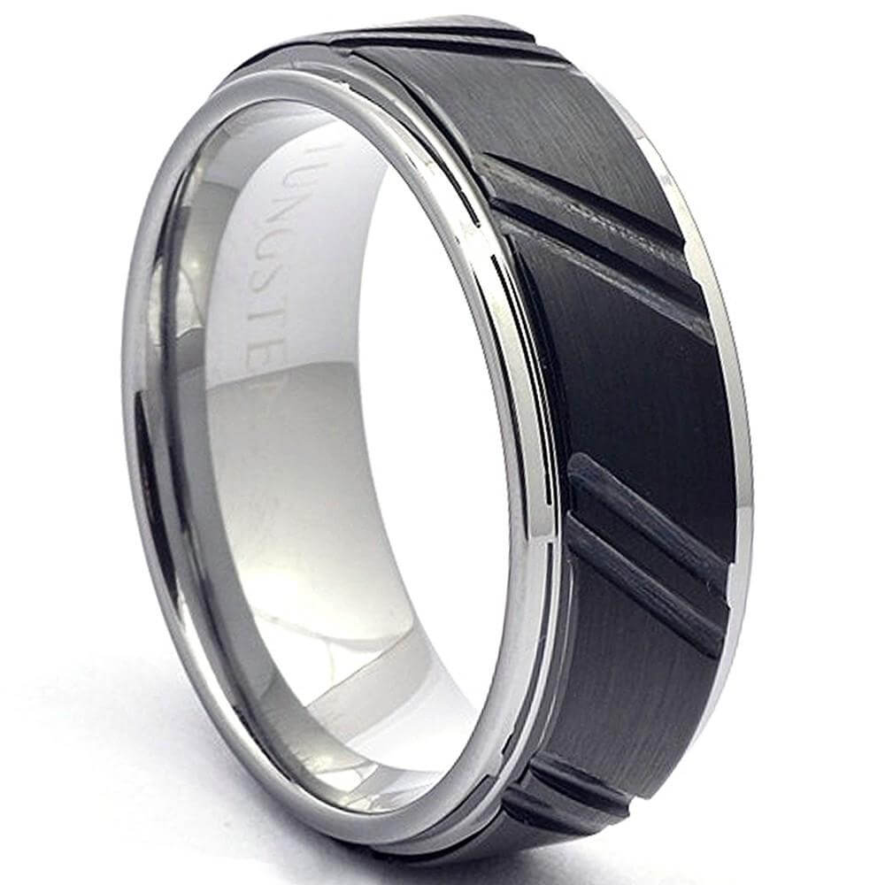 WERUS Brushed Black Tungsten Carbide Ring Silver Polished Steps - Gaboni Jewelers