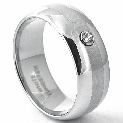 XAVIT Dome White Tungsten Wedding Ring Brushed Stripe & Stone - Gaboni Jewelers