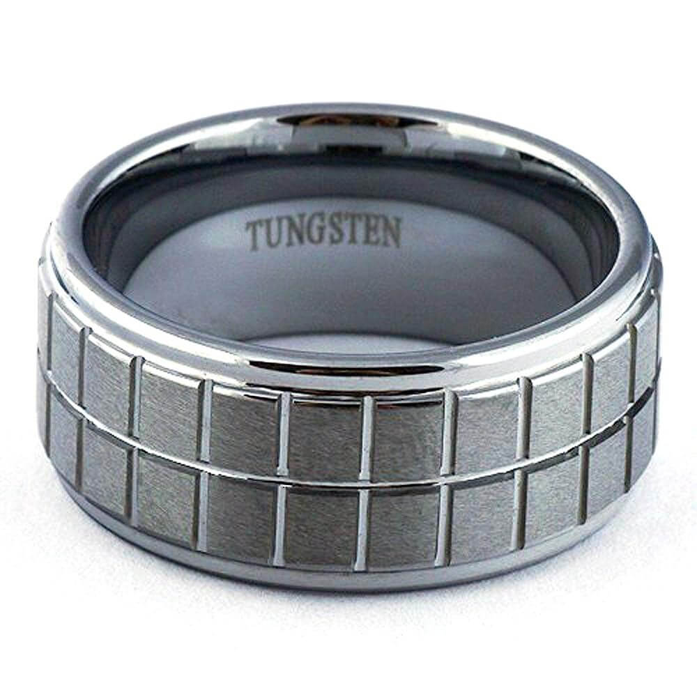 ZEUS 10mm Men's Tungsten Ring Matt Finish Shiny Groves & Steps - Gaboni Jewelers